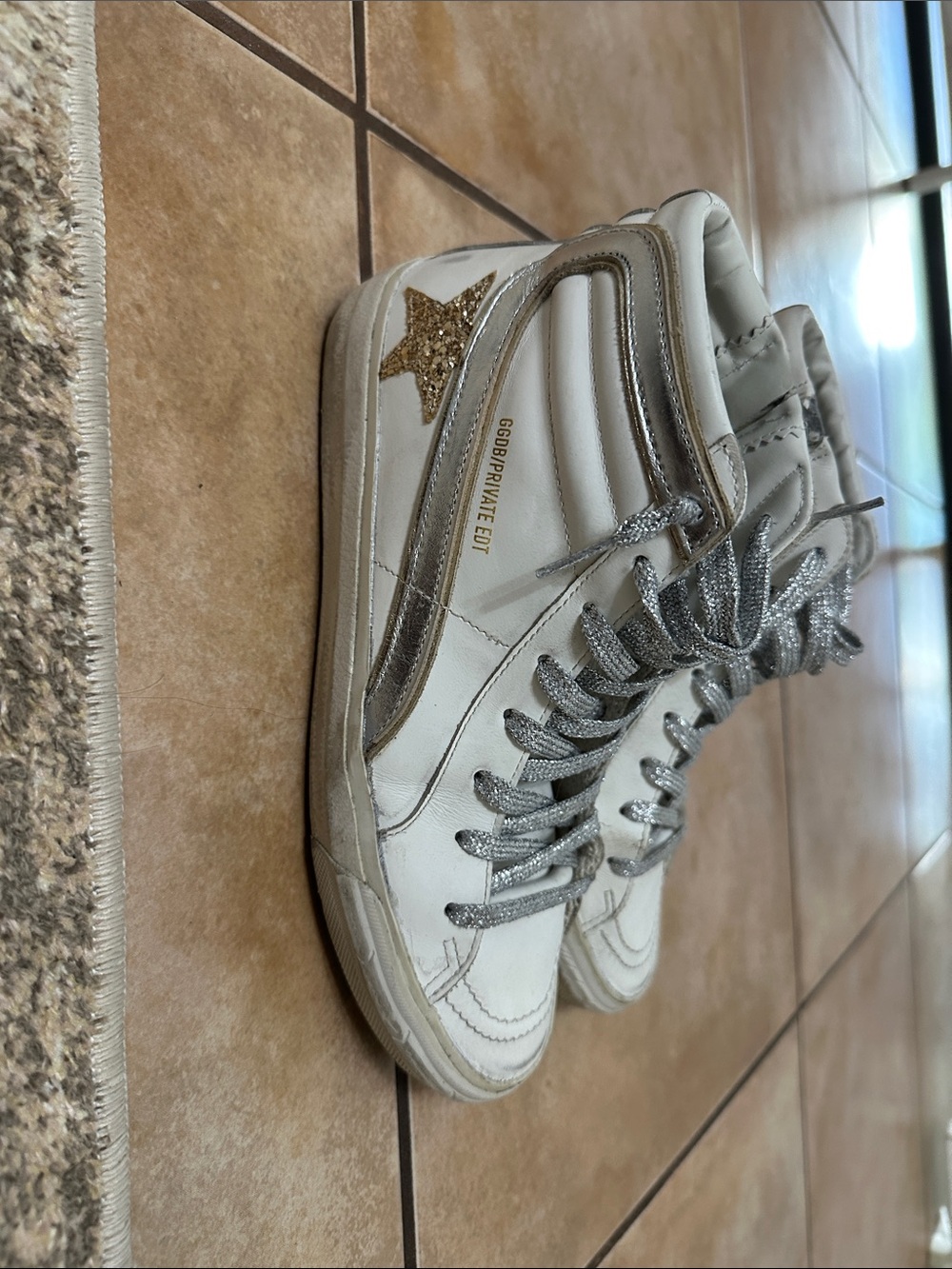 Authentic Golden Goose Slide White High-Top Sneakers with Silver & Gold Accents